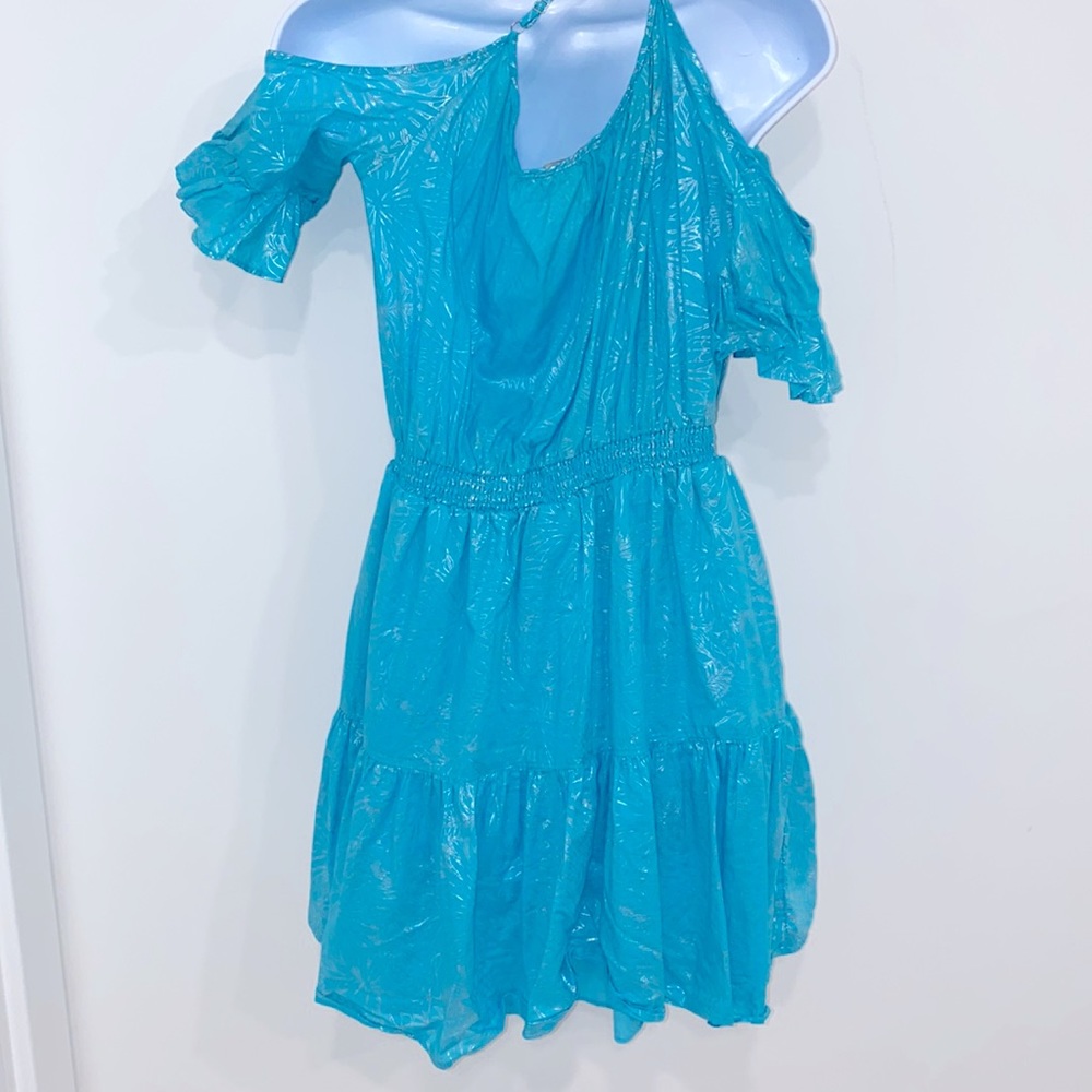 Preowned L Michael Kors Foil Print Cold Shoulder Turquoise dress size L - Picture 7 of 7